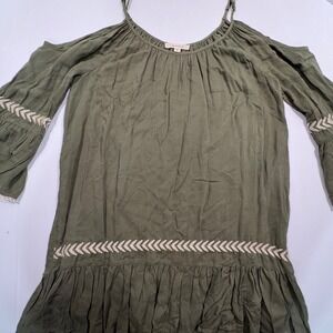 Illa Illa Olive Green Cold Shoulder Tunic Top Embroidery Ruffle Boho Medium
